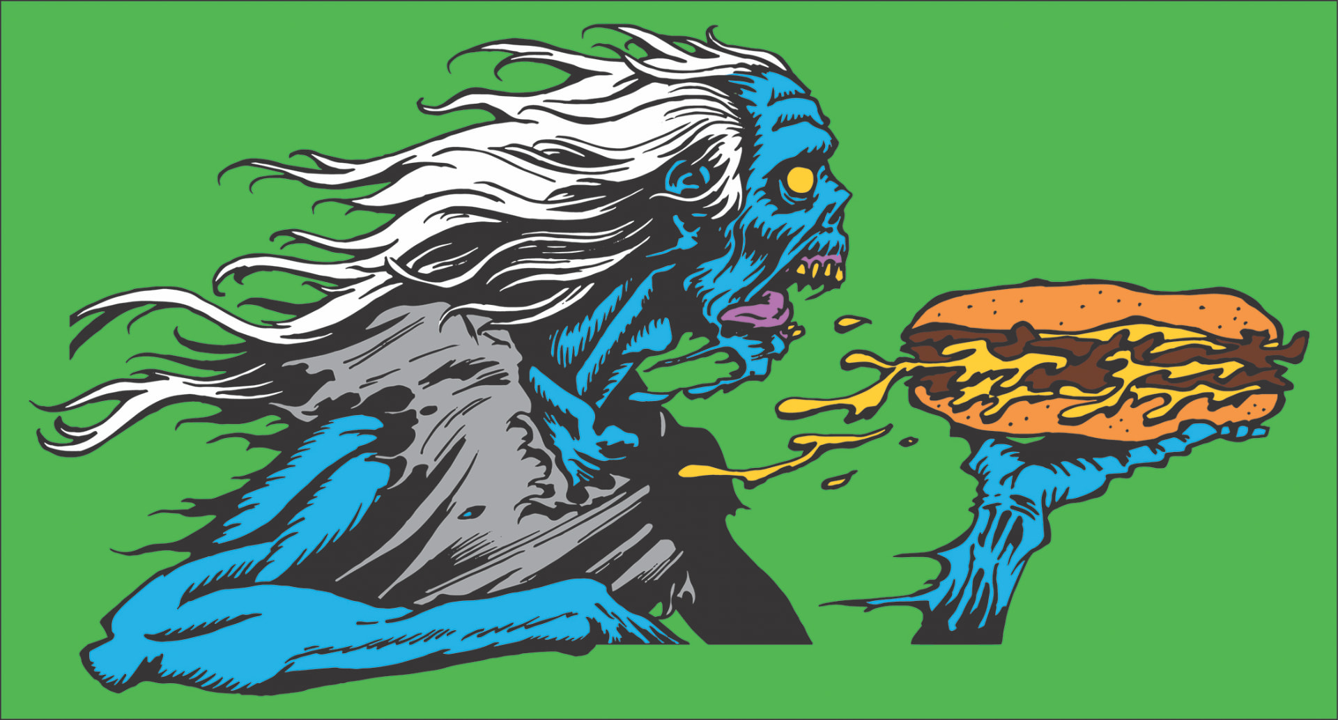 Blue zombie devouring a dripping cheesesteak